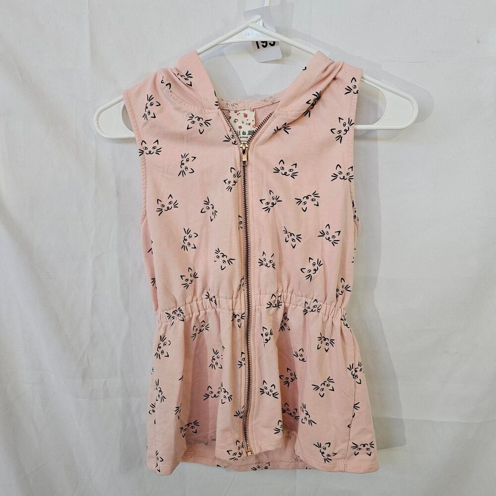 #0193 Belle du Jour Girls Pink Cat Face Sleeveless Zip Up Peplum Hoodie Size L